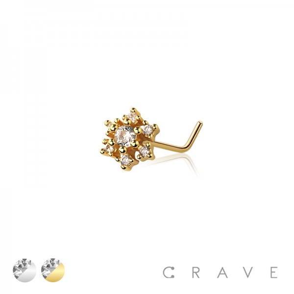 MULTI CZ FLOWER SNOW FLAKE 316L SURGICAL STEEL L-SHAPE NOSE RING